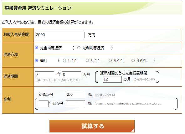 希望する借入額に対し、融資条件（返済期間・金利）を入力することで毎年の支払額がシミュレーションできます。