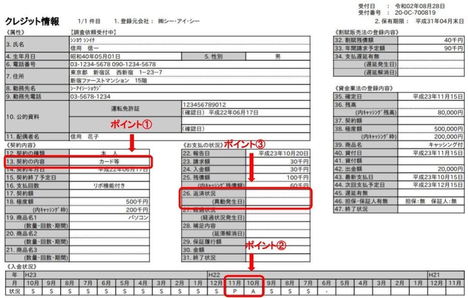 CICの信用情報開示報告書の見本