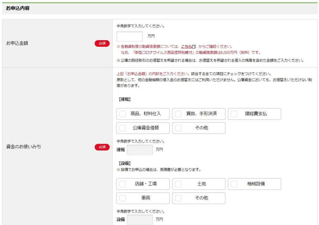 日本政策金融公庫 インターネット申込画面_入力例_資金使途