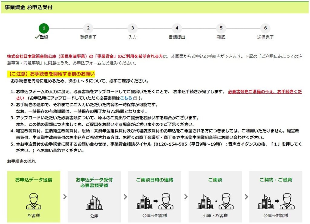 日本政策金融公庫の申込み受付画面